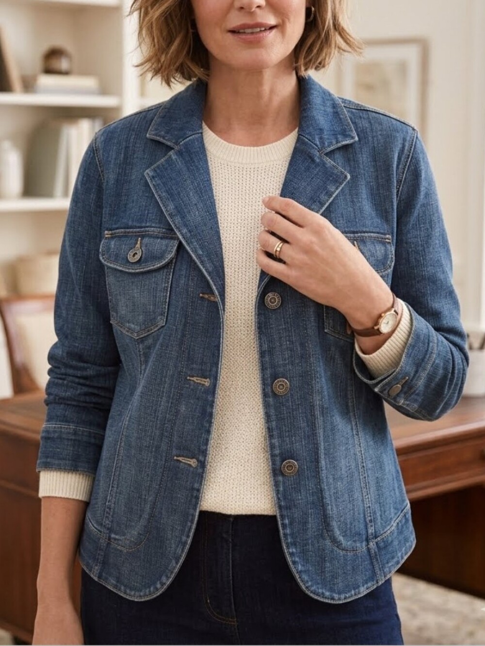 Vtg Talbots Blue Denim Stretch Jean Blazer Size 14 Petite
